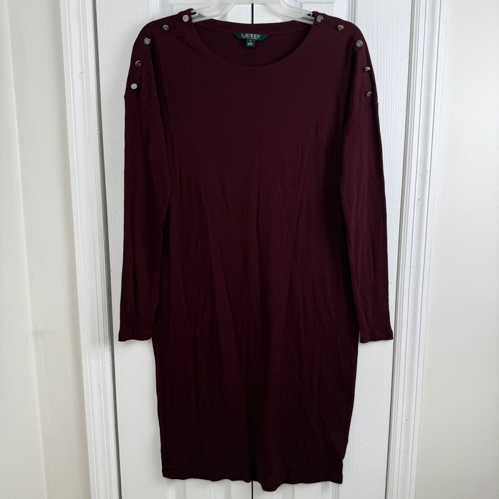 Lauren Ralph Lauren Burgundy Long Sleeve Sweater Dress Button Shoulder Size M